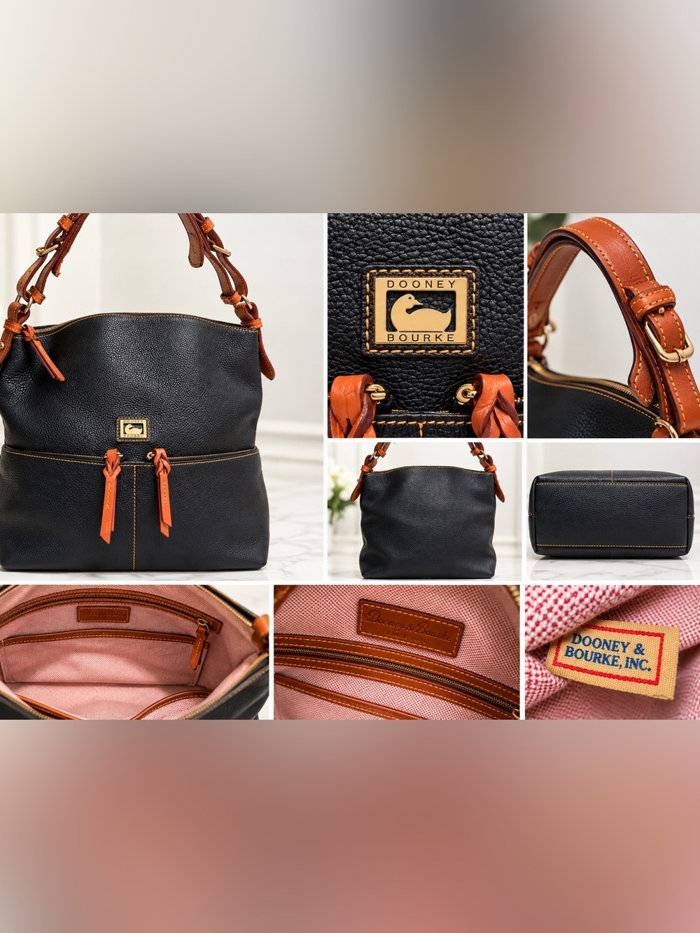 Dooney & Bourke Black Pebbled Leather Hobo Shoulder Bag Cognac Trim Double Zip